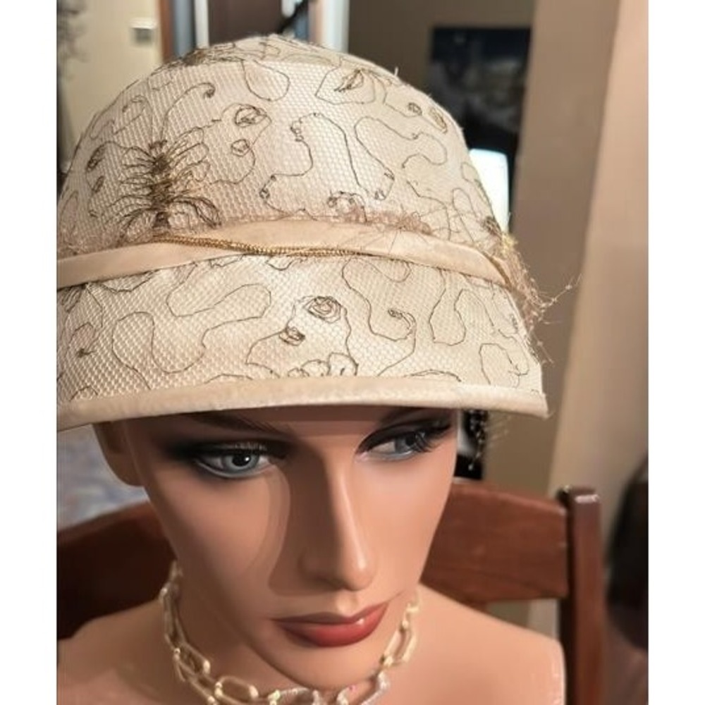 Modern Miss Vintage 1940s Bucket Hat Embroidered Mesh Veil Fascinator Beige
